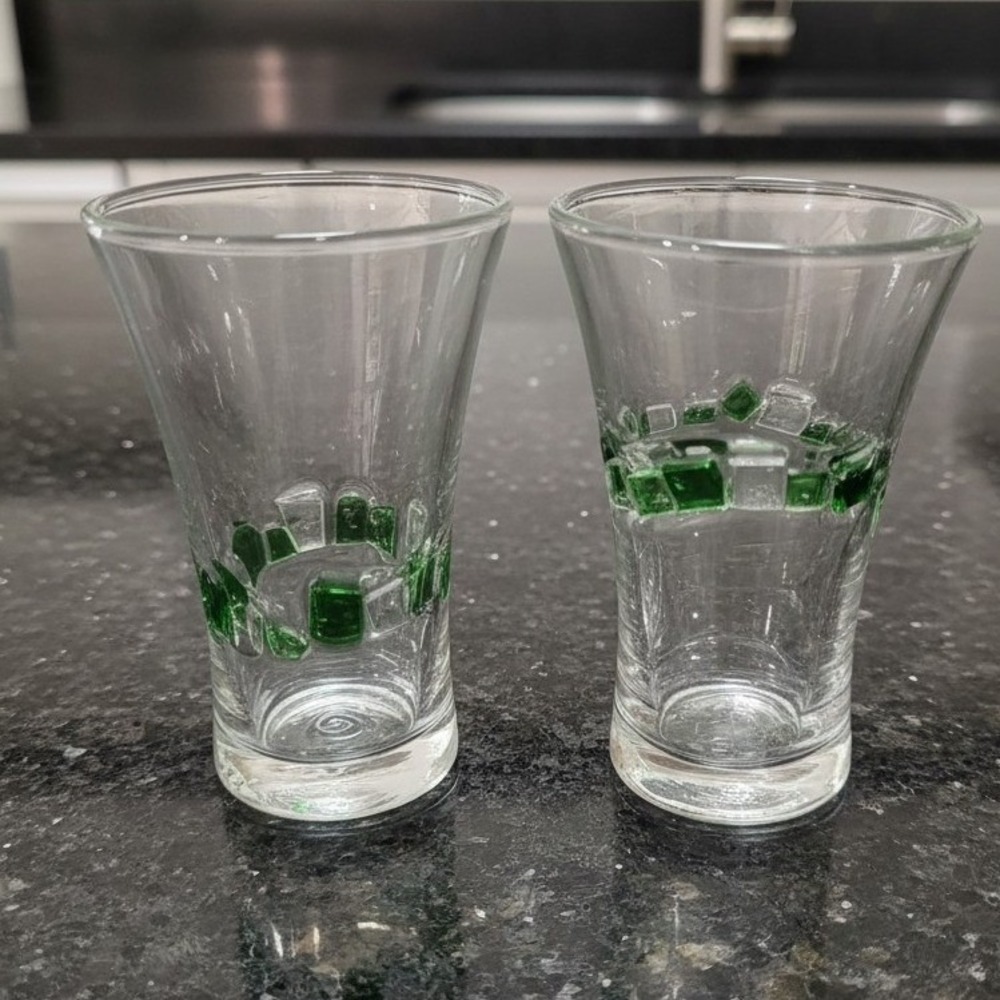 Fused Mosaic Glasses, Set of 2, Vintage Drinkware, Green & Clear Squares Design